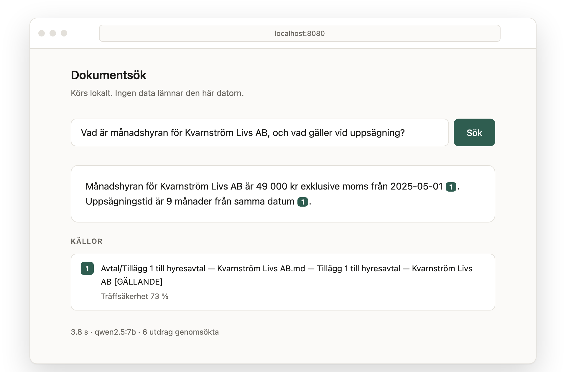 Gränssnittet på localhost: en fråga om månadshyra, svaret med hänvisning till hyresavtalet.